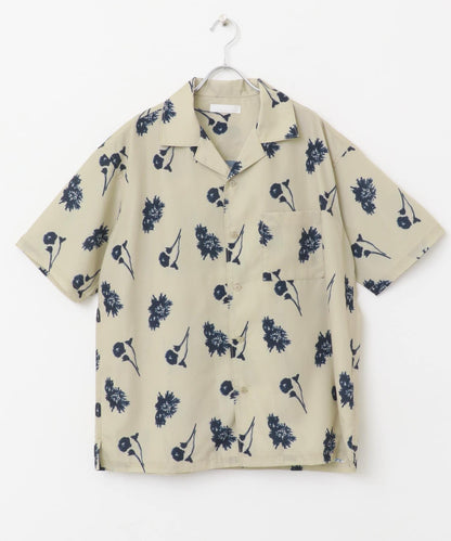 中性款植物印花開領短袖襯衫