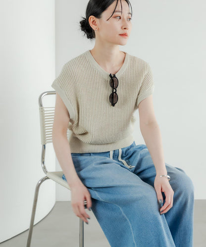 紙紗法式短袖針織衫