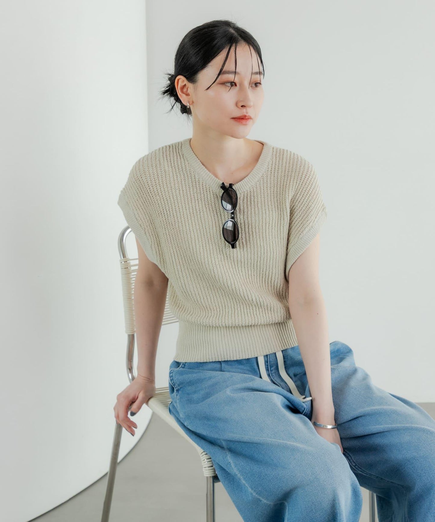 紙紗法式短袖針織衫