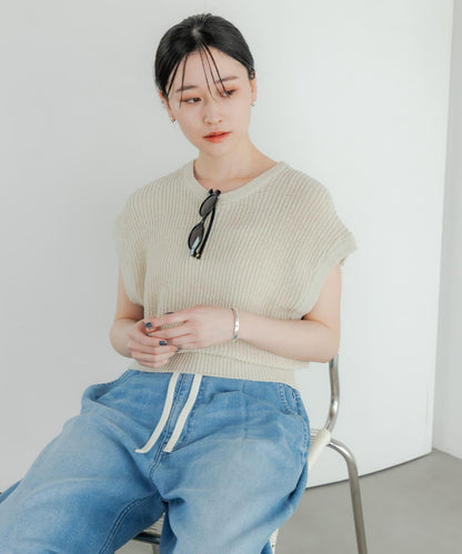 紙紗法式短袖針織衫