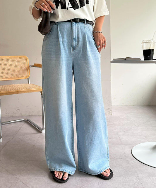 牛仔褶皺闊腿褲