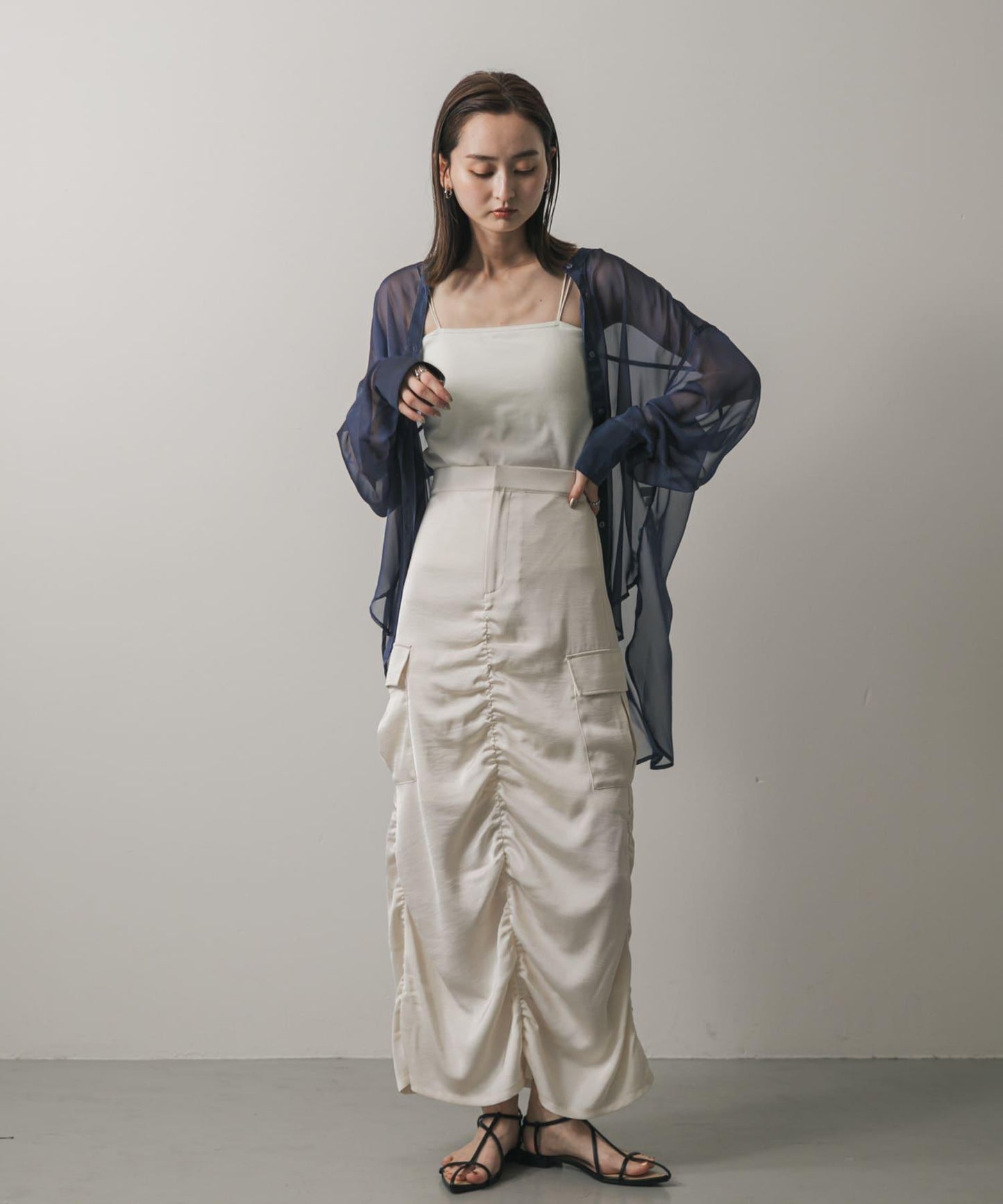 立領香檳色薄紗襯衫