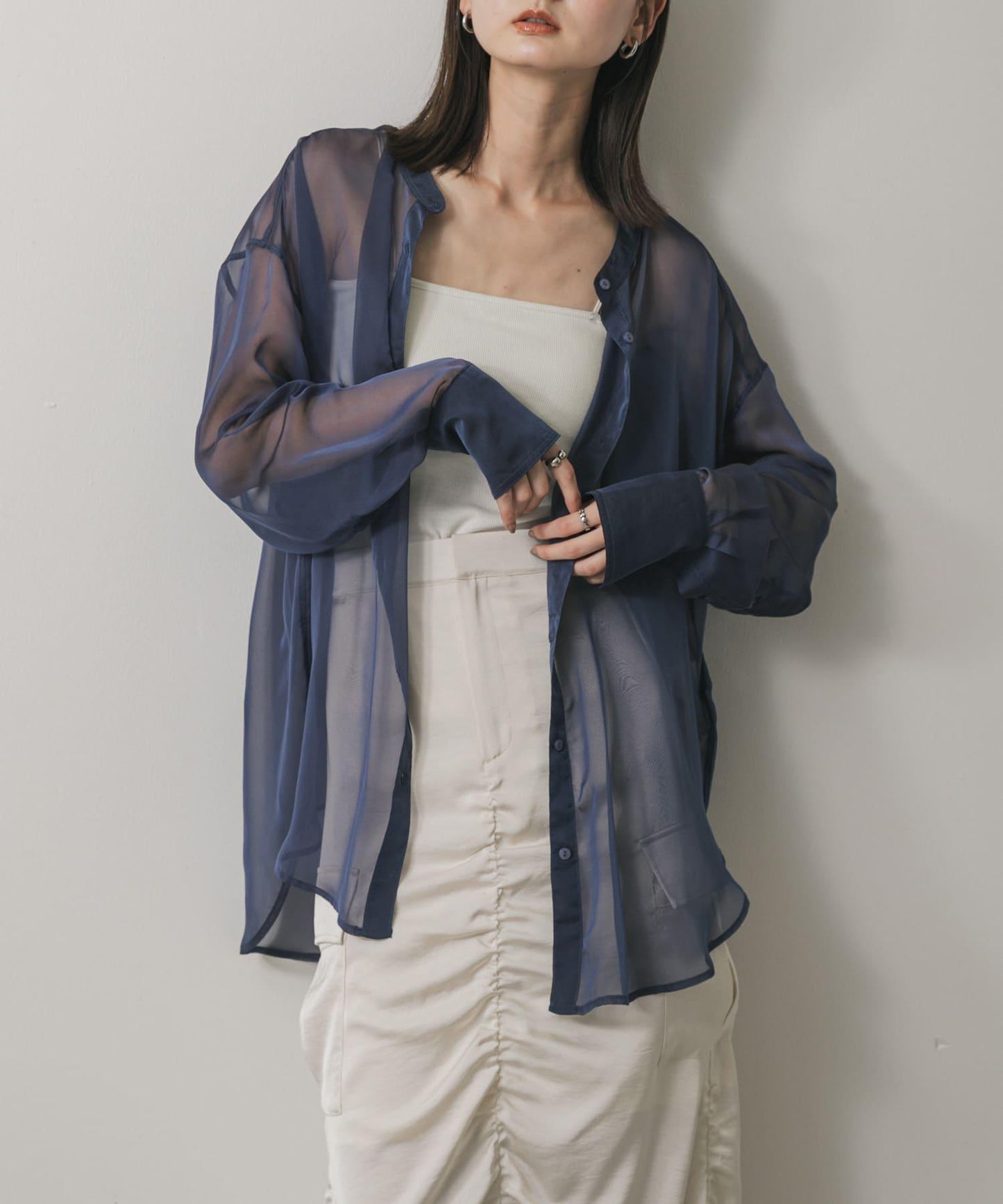 立領香檳色薄紗襯衫