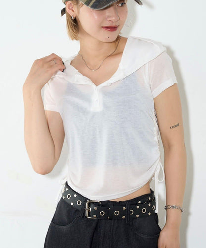 透視亨利領短袖帽衫