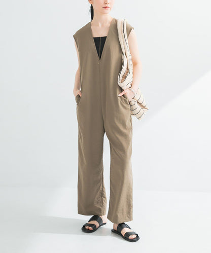 2尺碼可選亞麻風深V領連體褲