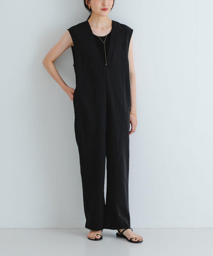 2尺碼可選亞麻風深V領連體褲