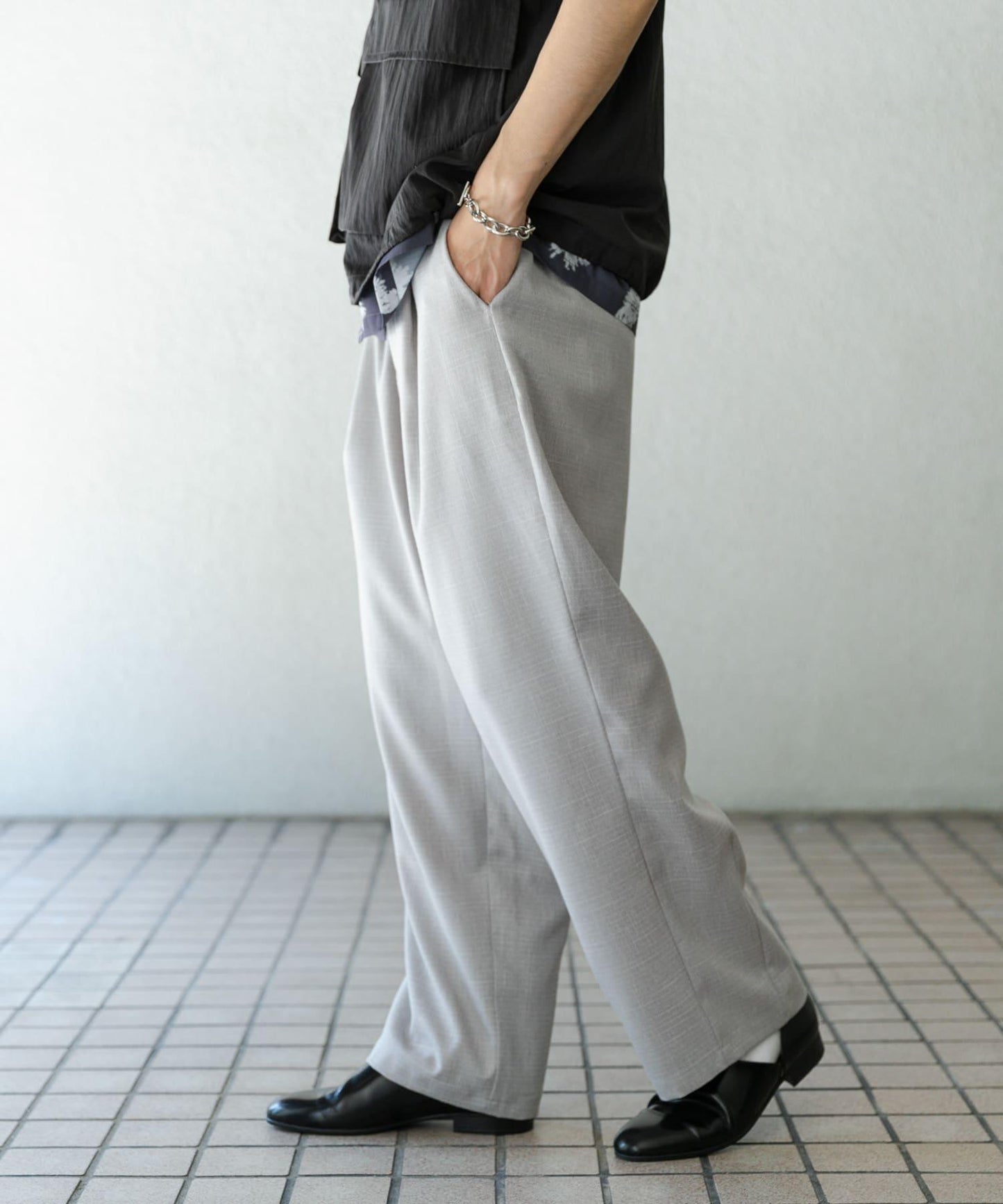 混色褶皺寬腿褲