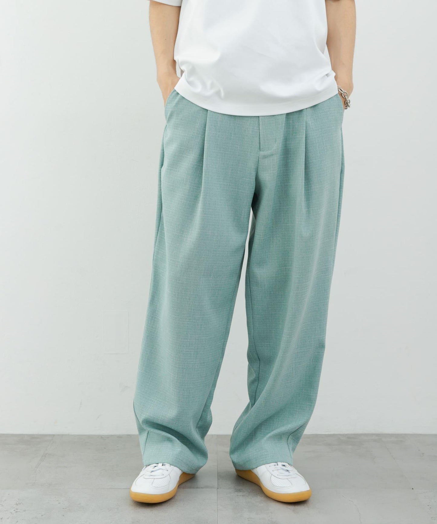 混色褶皺寬腿褲