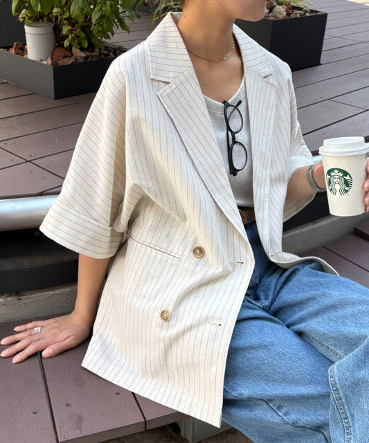亞麻混鬆軟短袖襯衫外套