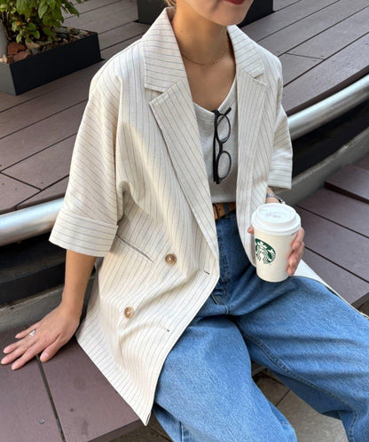 亞麻混鬆軟短袖襯衫外套