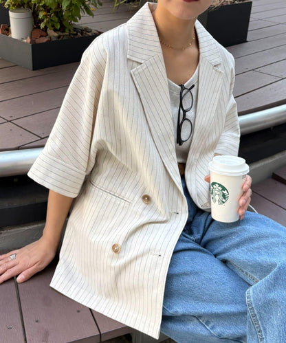 亞麻混鬆軟短袖襯衫外套