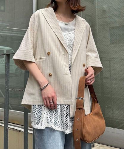 亞麻混鬆軟短袖襯衫外套