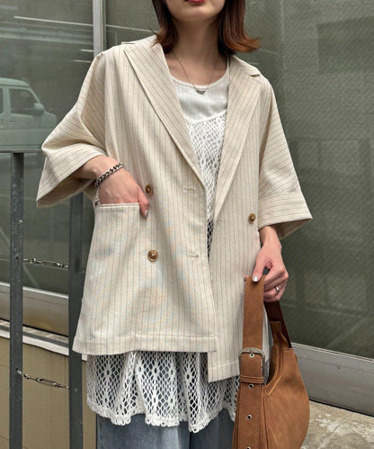 亞麻混鬆軟短袖襯衫外套