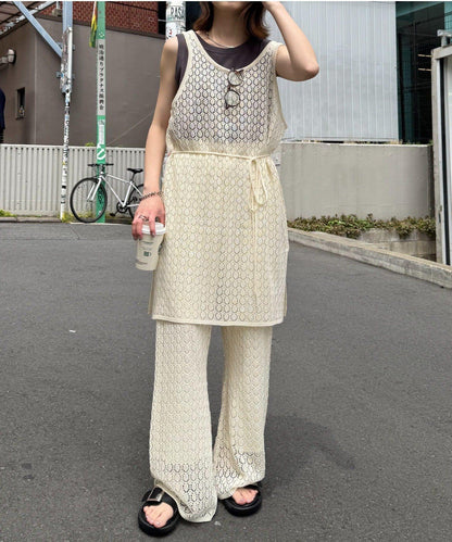 蕾絲針織闊腿褲