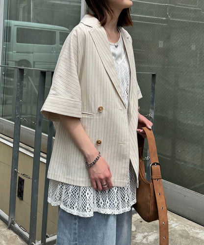 亞麻混鬆軟短袖襯衫外套