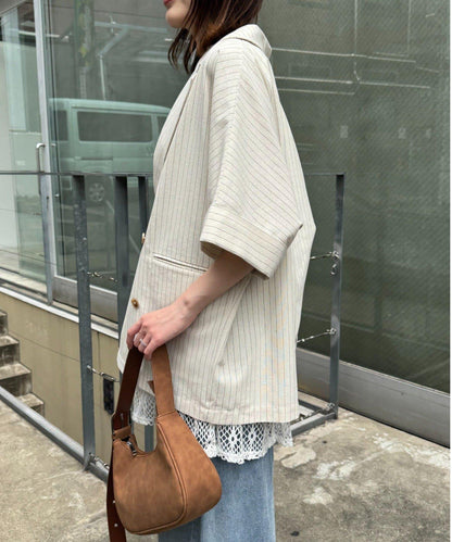 亞麻混鬆軟短袖襯衫外套