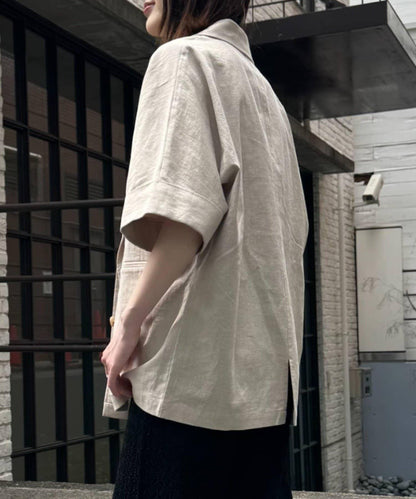 亞麻混鬆軟短袖襯衫外套