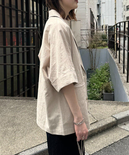 亞麻混鬆軟短袖襯衫外套