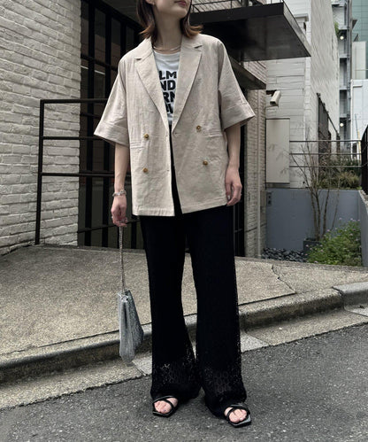 亞麻混鬆軟短袖襯衫外套