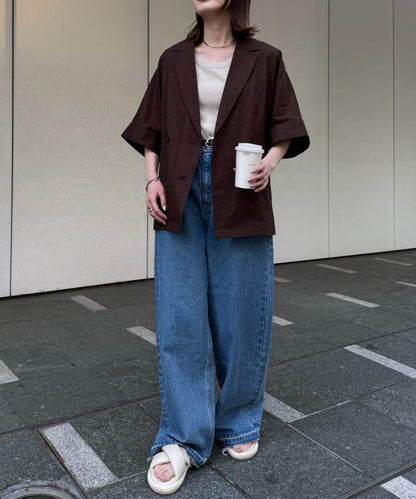 亞麻混鬆軟短袖襯衫外套