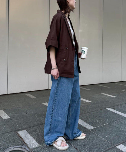 亞麻混鬆軟短袖襯衫外套