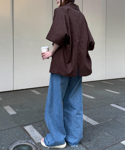 亞麻混鬆軟短袖襯衫外套