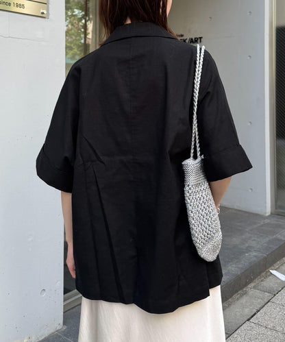 亞麻混鬆軟短袖襯衫外套