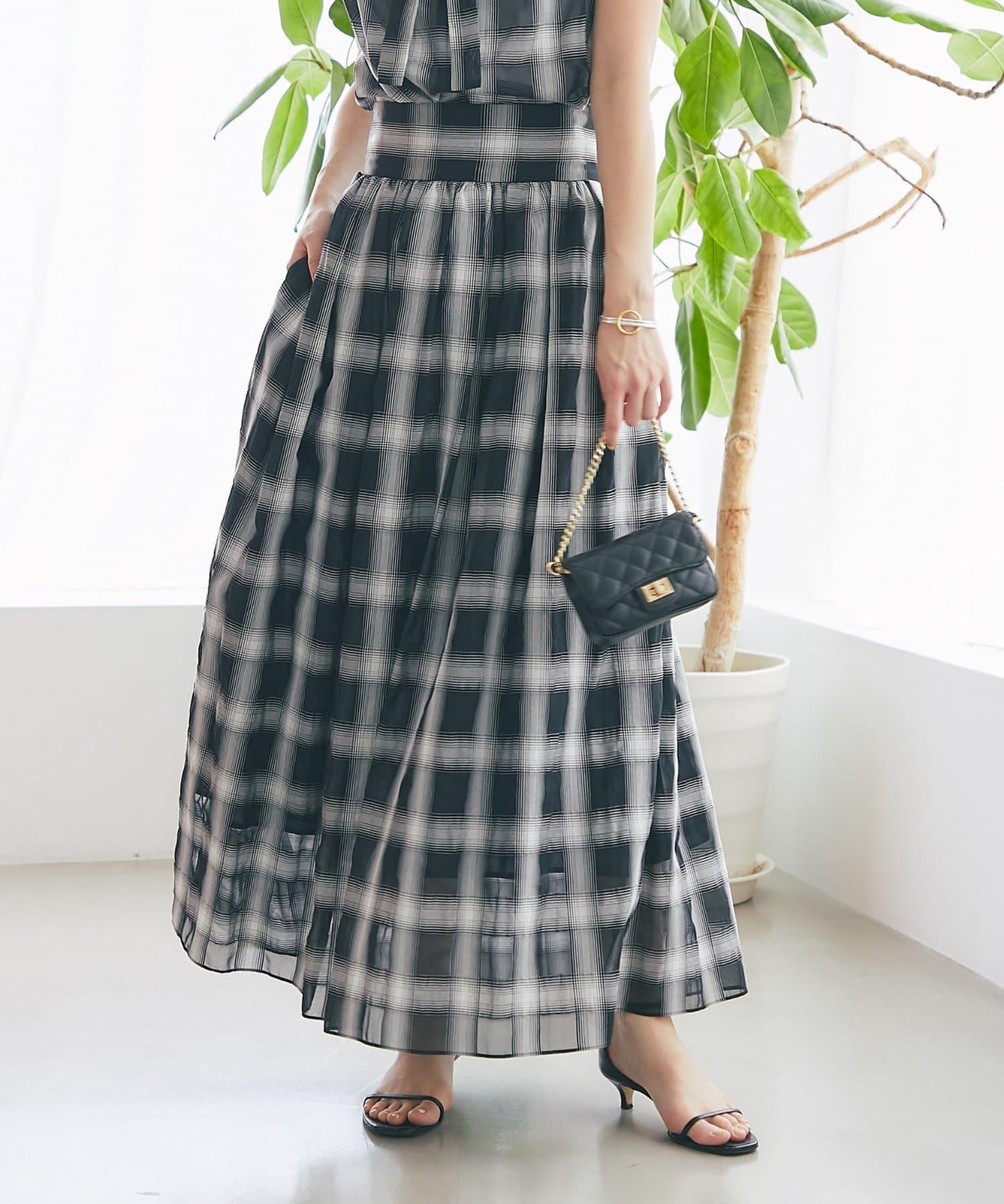 【La boutique BonBon】透視格紋褶皺長裙