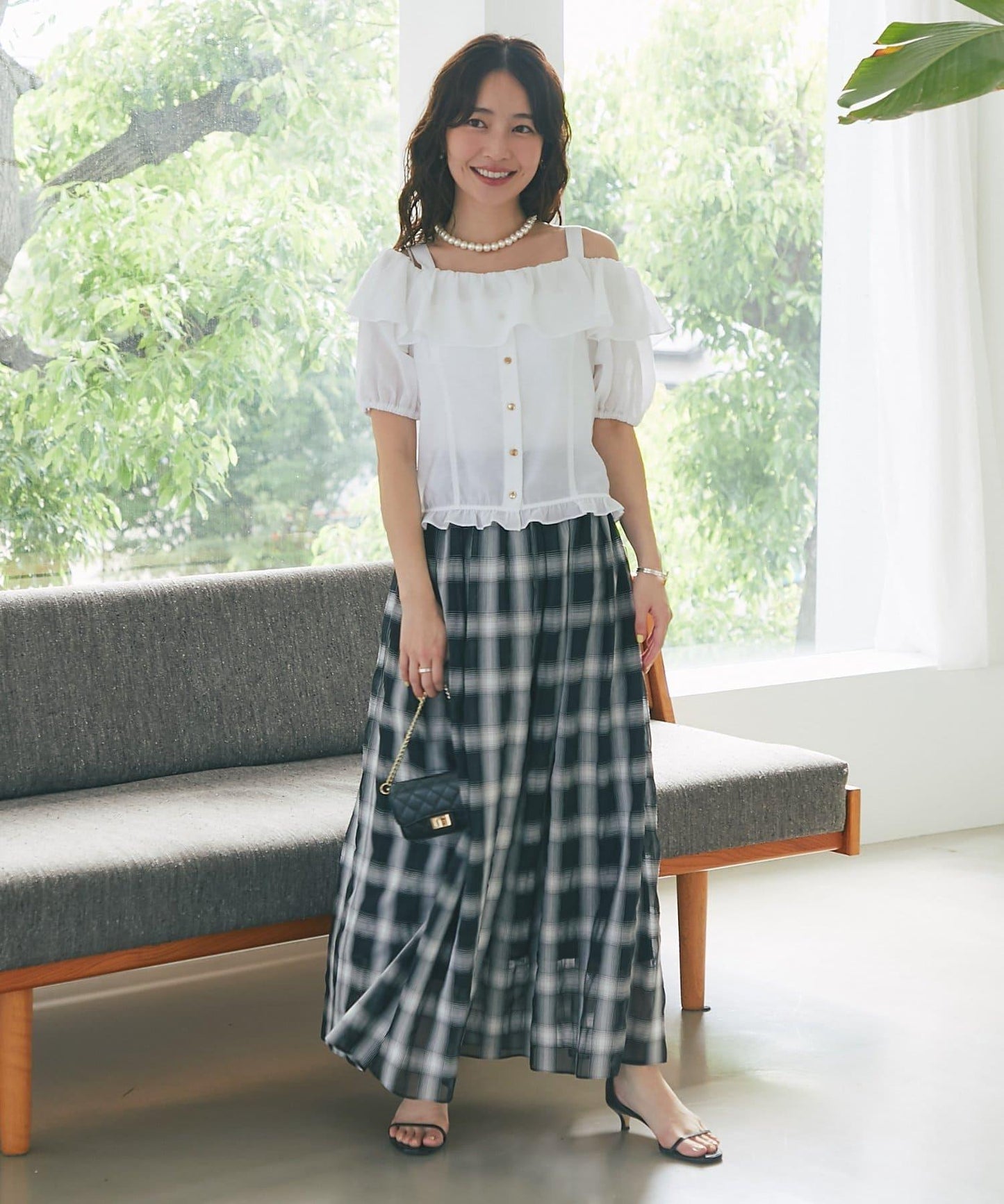 【La boutique BonBon】透視格紋褶皺長裙