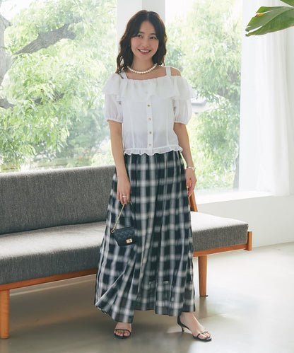 【La boutique BonBon】透視格紋褶皺長裙