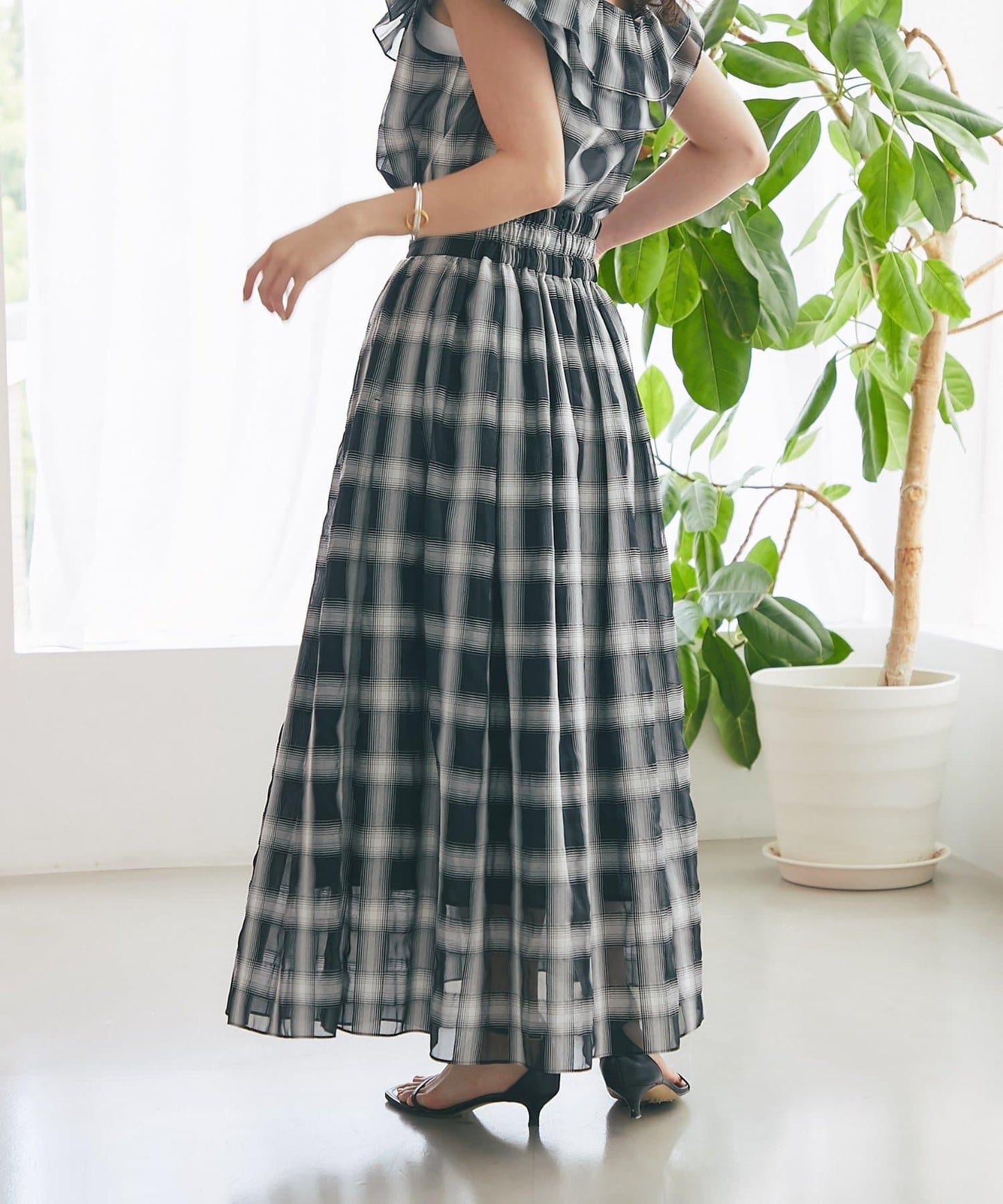 【La boutique BonBon】透視格紋褶皺長裙