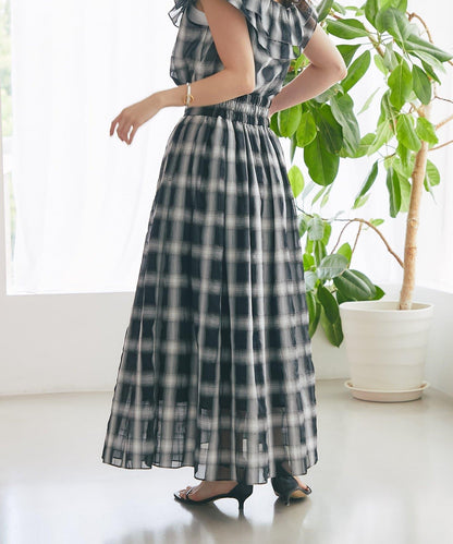 【La boutique BonBon】透視格紋褶皺長裙