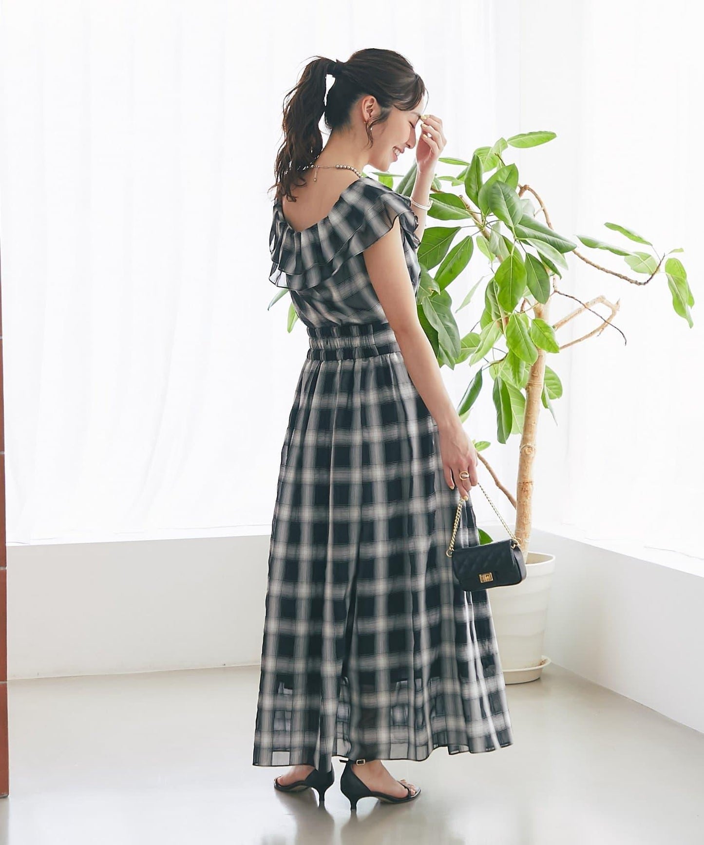 【La boutique BonBon】透視格紋褶皺長裙