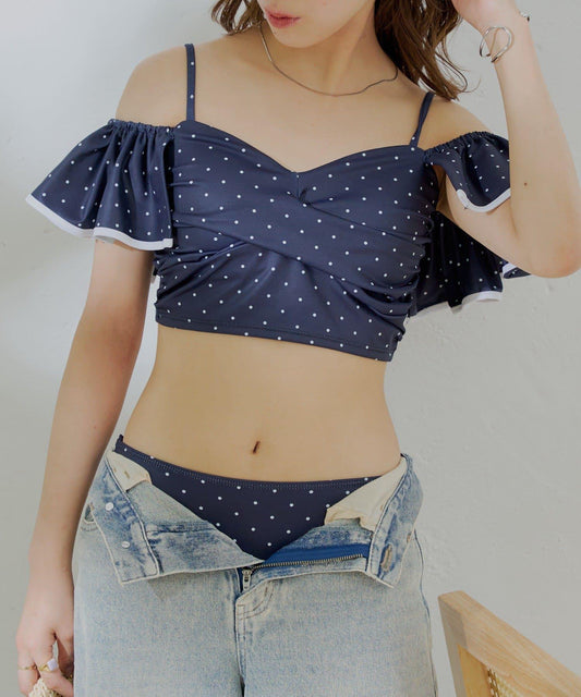 袖部撞色露肩上衣