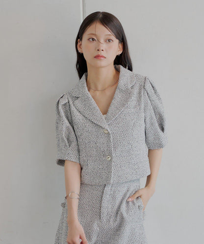 Chico 泡泡袖短款粗花呢夾克