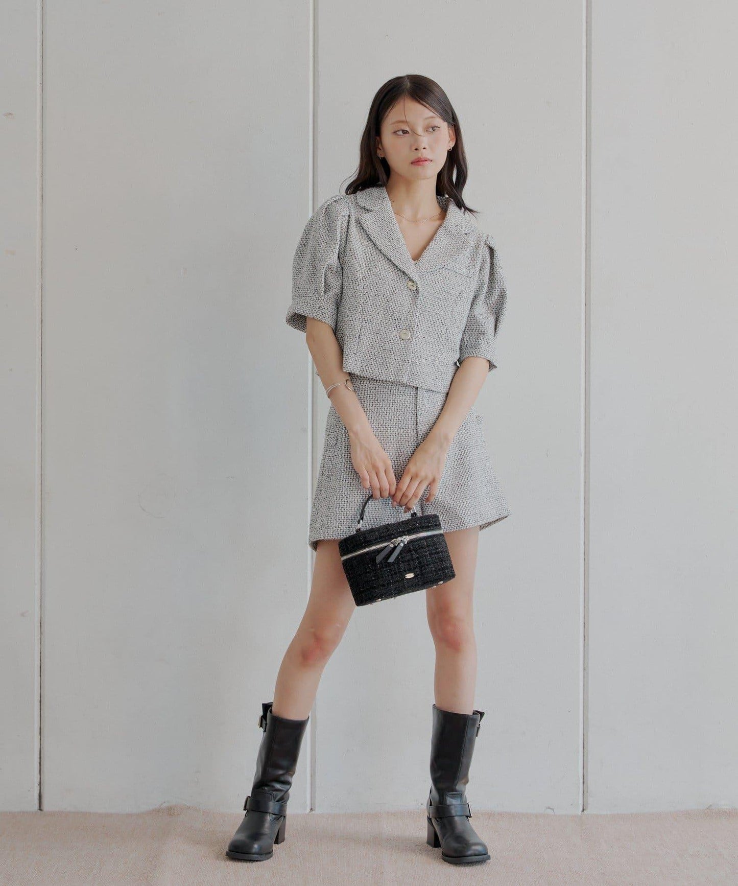 Chico 泡泡袖短款粗花呢夾克