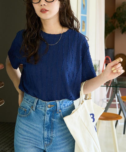 流蘇條紋提花短袖T恤