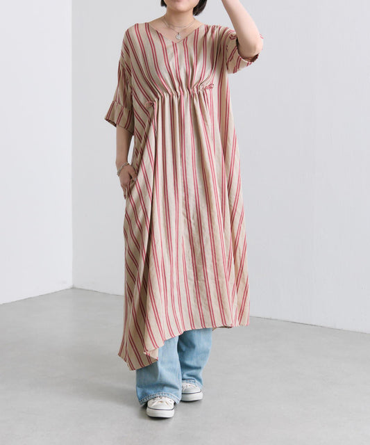 ear PAPILLONNER 前抽繩條紋連衣裙