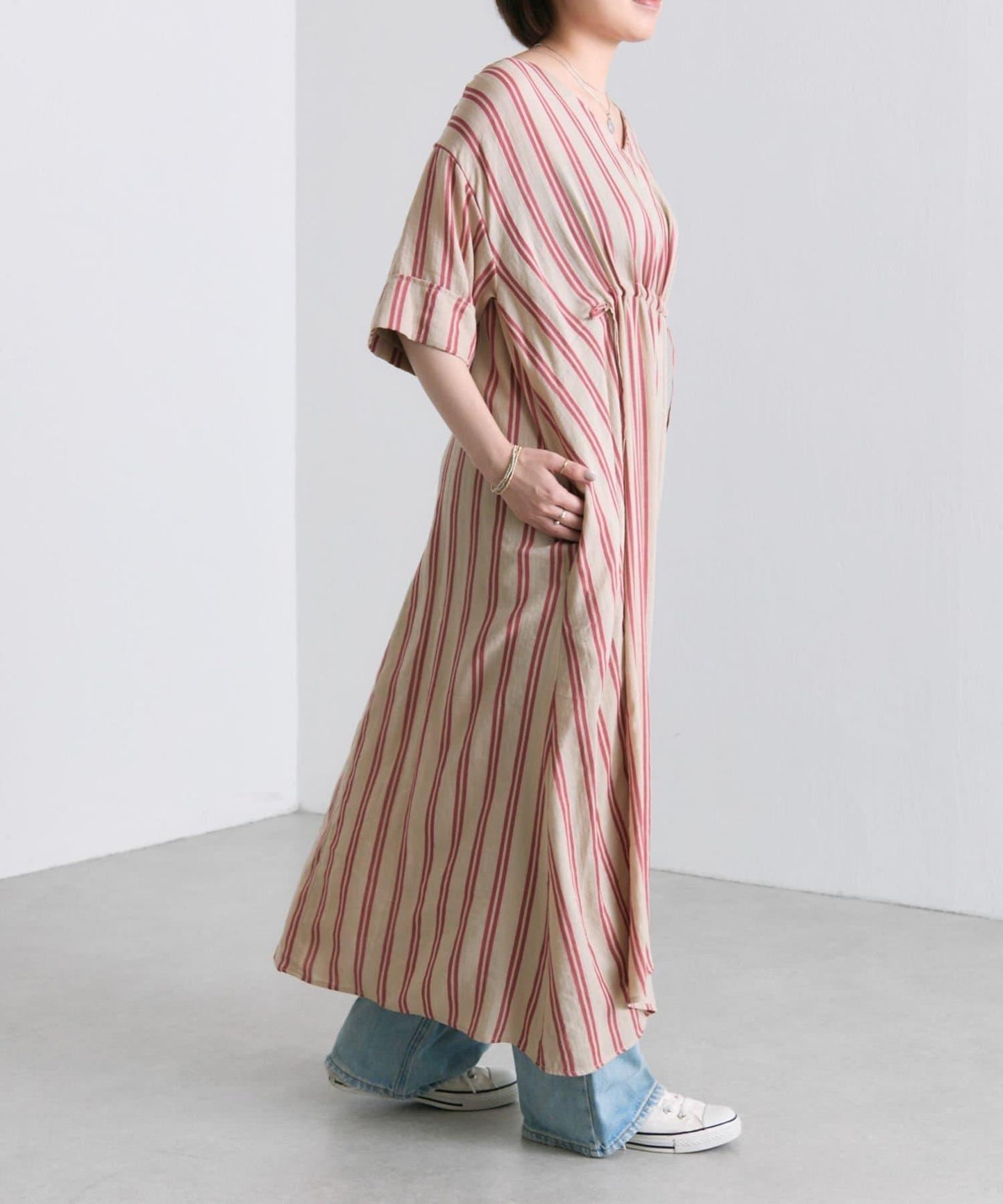 ear PAPILLONNER 前抽繩條紋連衣裙