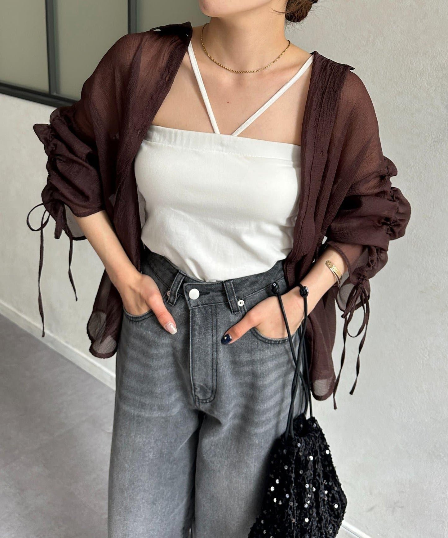 閃光洗織袖子收褶透明襯衫