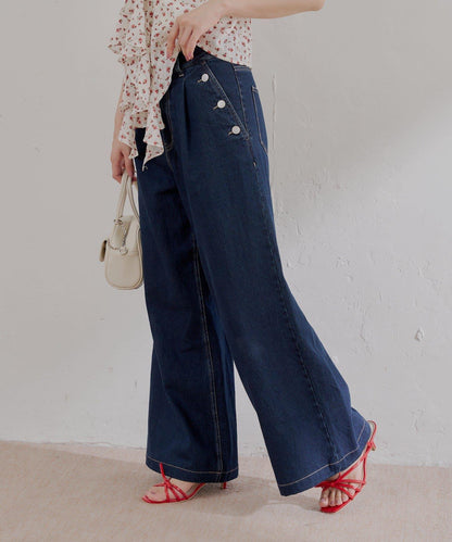 高腰 闊腿 紐扣設計 牛仔 牛仔褲