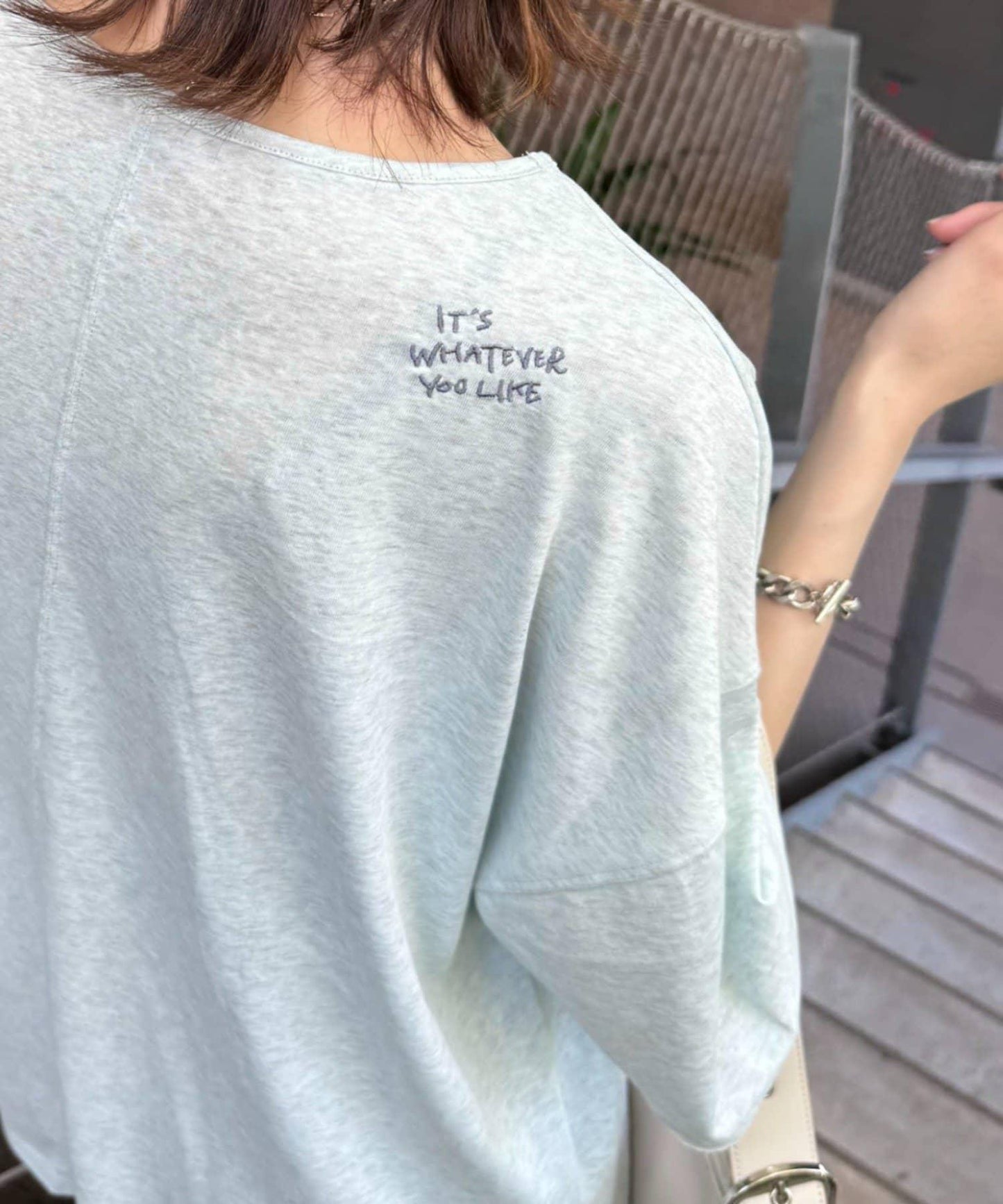 透薄拼接一點刺繡oversize短袖T恤