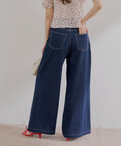 高腰 闊腿 紐扣設計 牛仔 牛仔褲