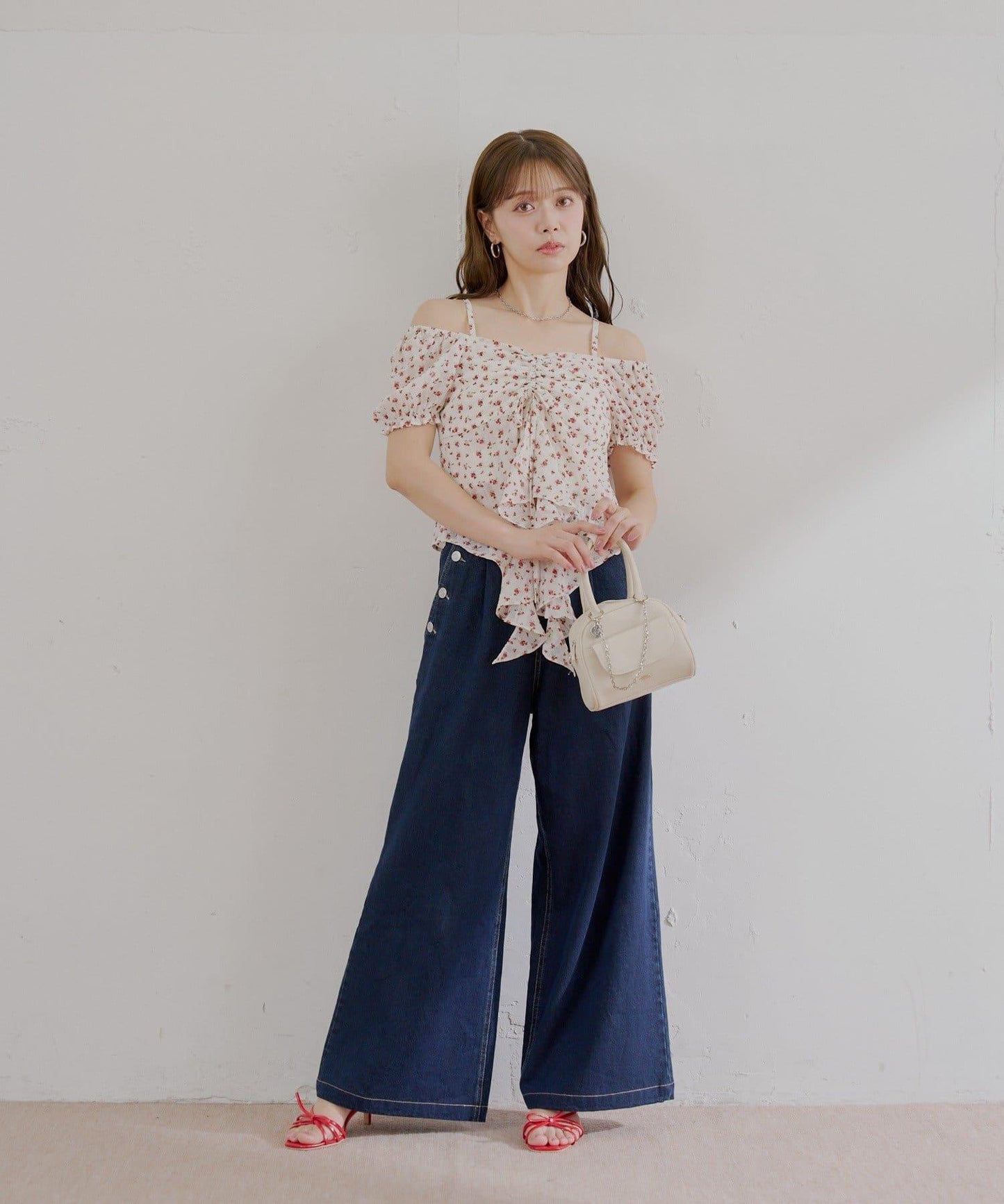 高腰 闊腿 紐扣設計 牛仔 牛仔褲