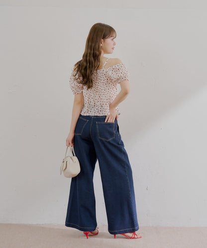 高腰 闊腿 紐扣設計 牛仔 牛仔褲