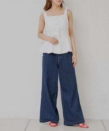 高腰 闊腿 紐扣設計 牛仔 牛仔褲