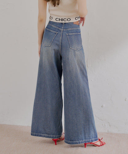 高腰 闊腿 紐扣設計 牛仔 牛仔褲