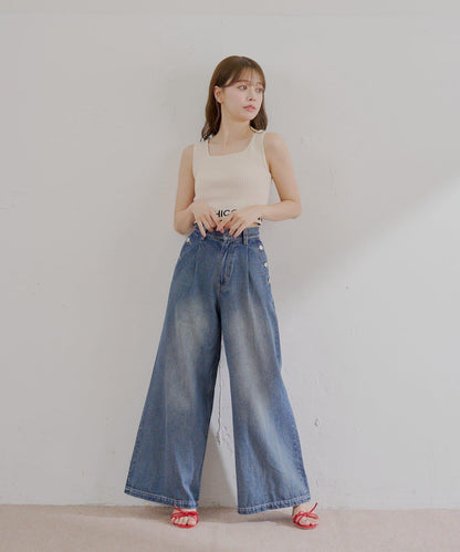 高腰 闊腿 紐扣設計 牛仔 牛仔褲