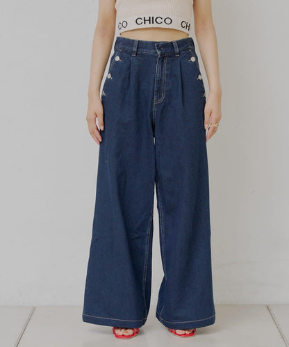 高腰 闊腿 紐扣設計 牛仔 牛仔褲