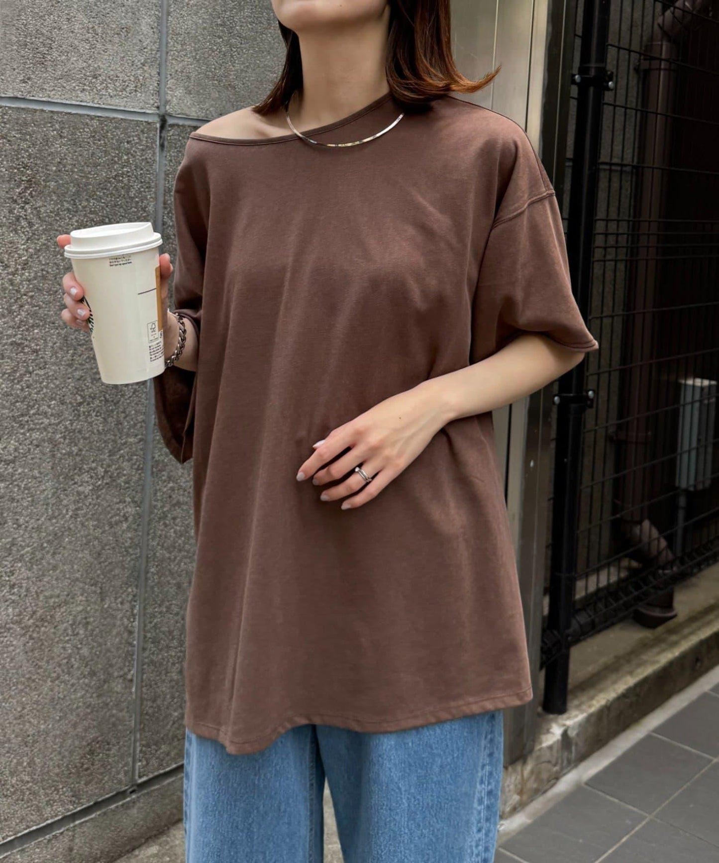 透薄拼接一點刺繡oversize短袖T恤